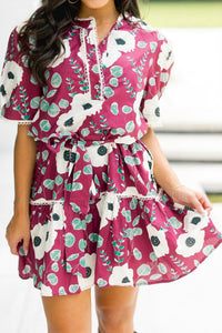 KaleaBoutique Stylish Floral Print Trimmed Short Puff Sleeve Mini Dress with Belt - KaleaBoutique.com