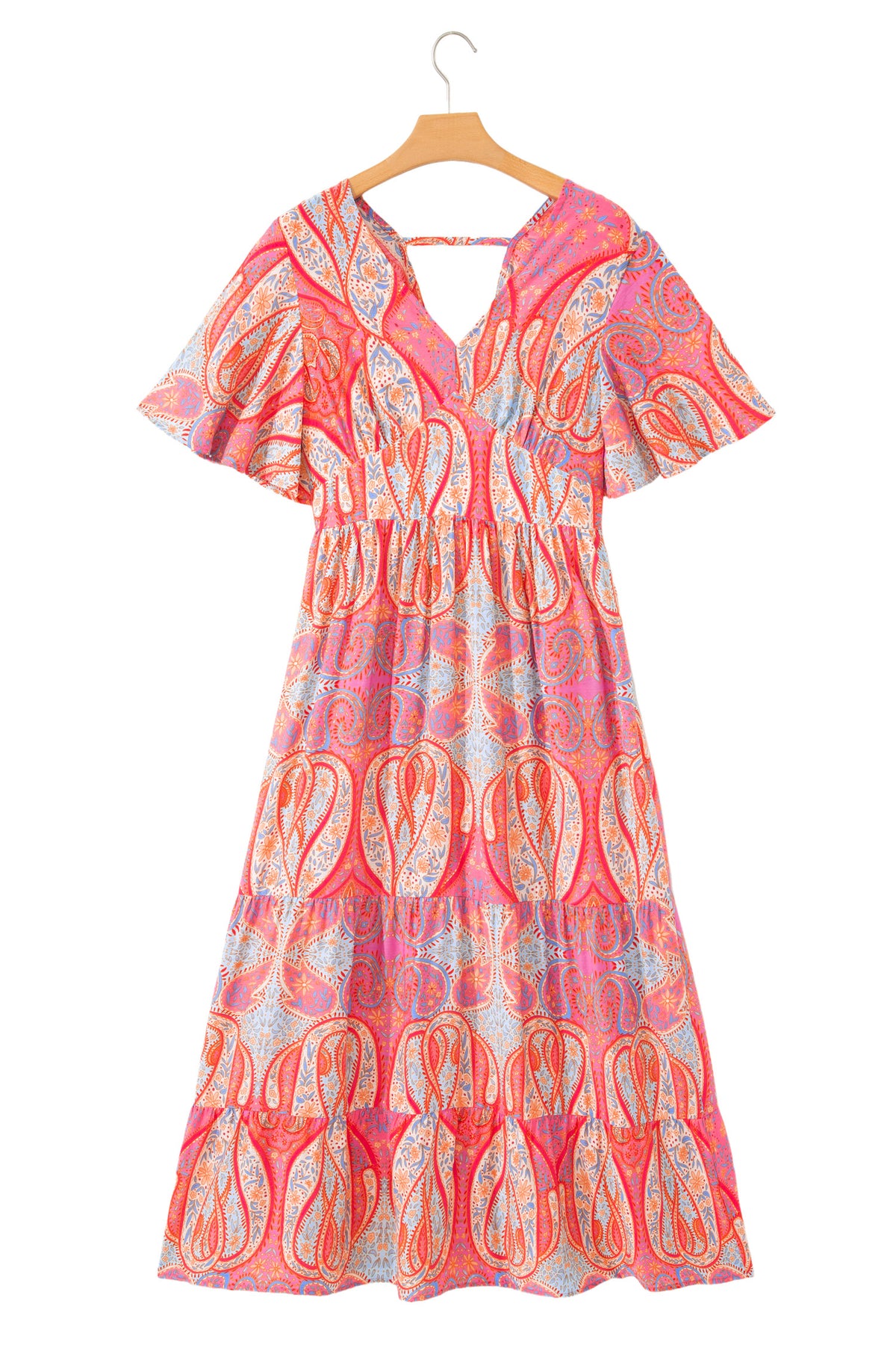 KaleaBoutique Comfortable Paisley Print V-Neck Short Sleeve Boho Maxi Dress with Ruffle Details