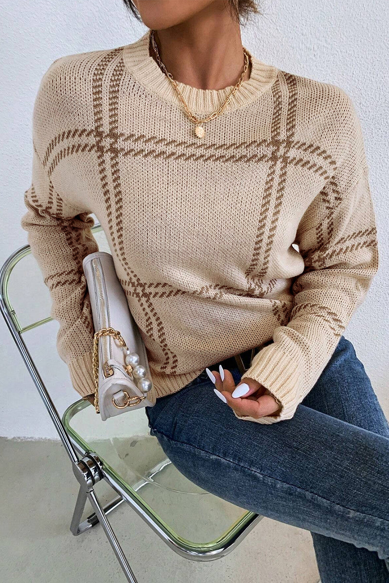 KaleaBoutique Plaid Pattern Knitted Drop Shoulder Sweater - KaleaBoutique.com