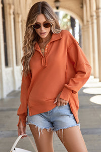 Buttoned Collared Raw Detail High Low Baggy Sweatshirt with Slits - KaleaBoutique.com