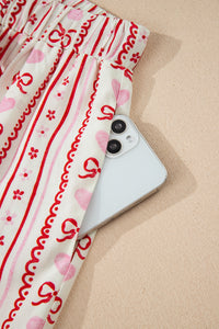KaleaBoutique Stylish Sweet Floral Heart Bow Print Contrast Trim Long Sleeve Shirt Pajama Short Set - KaleaBoutique.com