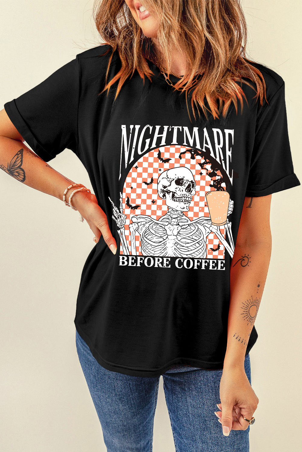 Black Nightmare Before Coffee Skull Checkerboard Halloween Tee - KaleaBoutique.com
