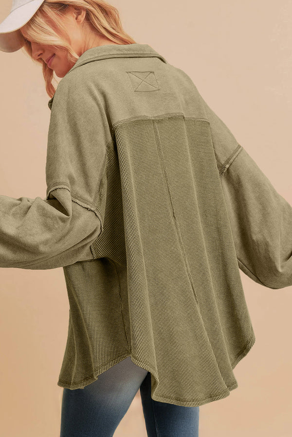 KaleaBoutique Waffle Knit Patchwork Buttoned Oversized Shacket - KaleaBoutique.com