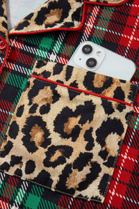 KaleaBoutique Stylish Retro Plaid Leopard Print Patchwork Long Sleeve Shorts Pajama Set - KaleaBoutique.com