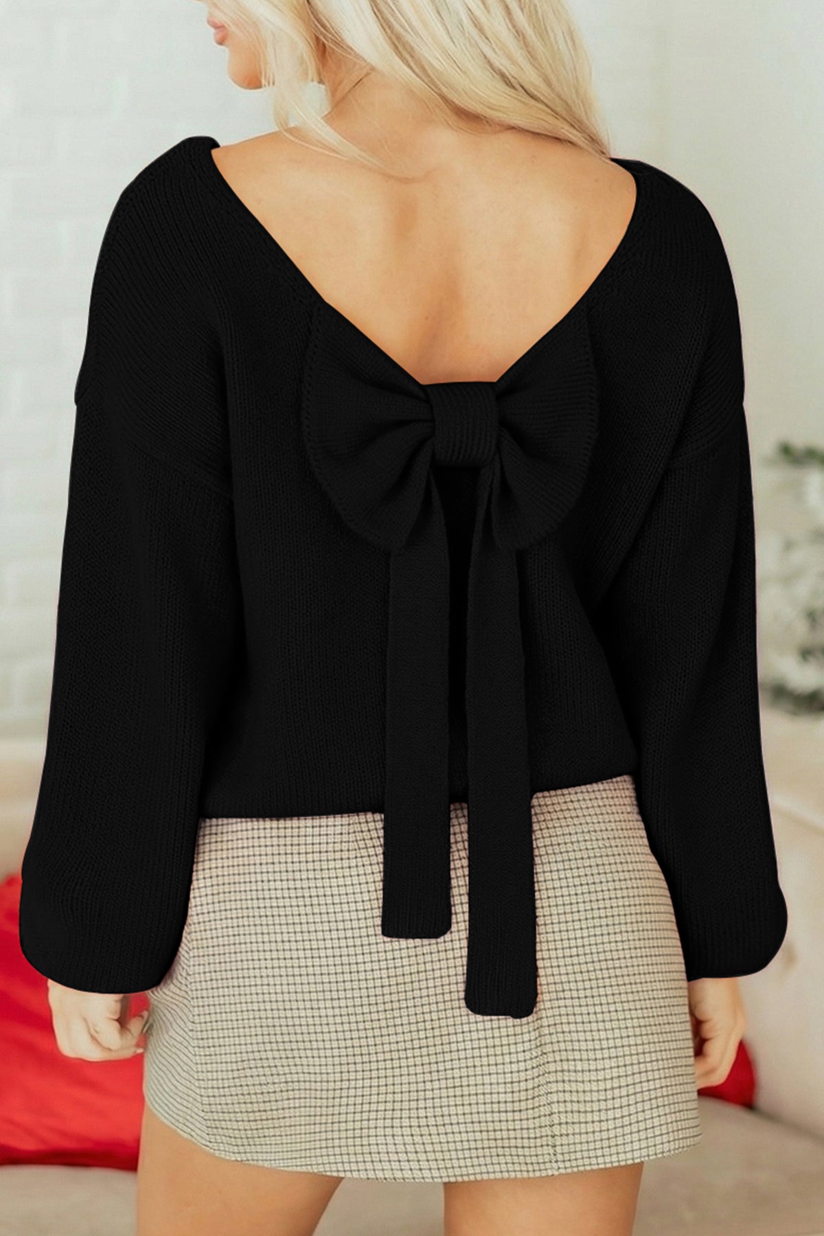 Bow Backless Bubble Sleeve Sweater - KaleaBoutique.com