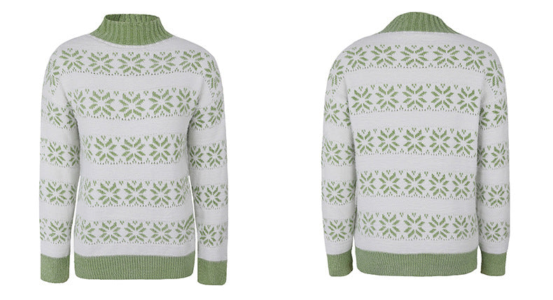 Women's Snowflake Stripe Mock-Neck Christmas Pullover Sweater - KaleaBoutique.com