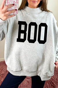 Light Grey BOO Ghost Print Reversible Mock Neck Halloween Sweatshirt - KaleaBoutique.com