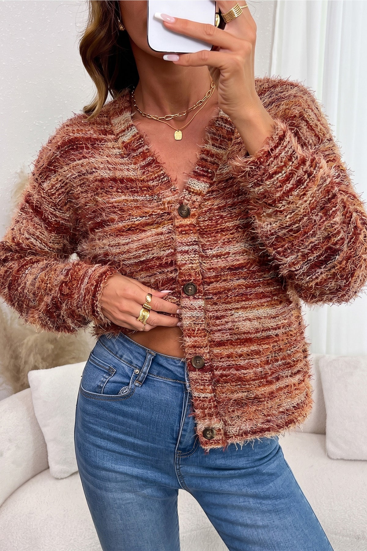 KaleaBoutique Stylish Fuzzy Striped Button Front Cardigan Sweater - KaleaBoutique.com