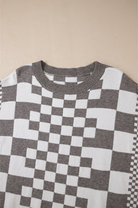 KaleaBoutique Checkered Print Drop Shoulder Round Neck Sweater - KaleaBoutique.com