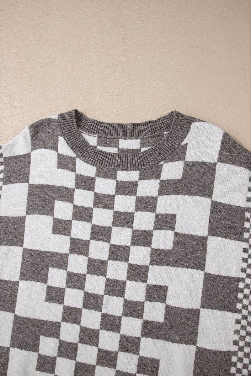 KaleaBoutique Checkered Print Drop Shoulder Round Neck Sweater - KaleaBoutique.com