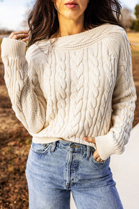 Drop Shoulder Round Neck Cable Knit Sweater - KaleaBoutique.com