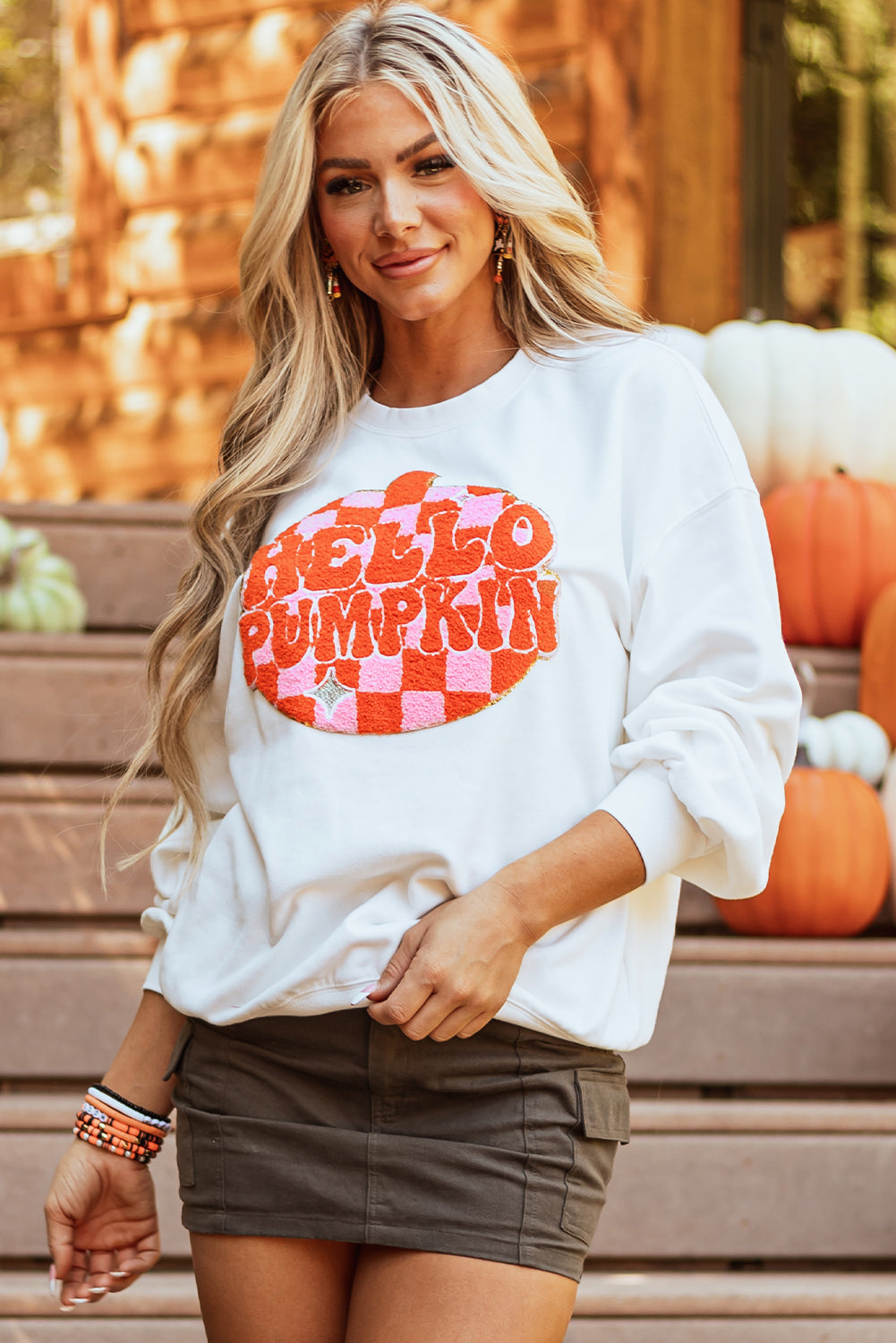 KaleaBoutique Stylish Terry Halloween Pumpkin Patched Pattern Pullover Sweatshirt - KaleaBoutique.com