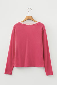 Ribbed Texture Contrasted Lace Trim Button V Neck Long Sleeve Top - KaleaBoutique.com