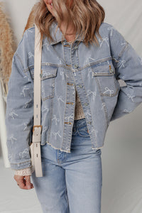 Bow Knot Print Light Wash Raw Hem Denim Jacket - KaleaBoutique.com