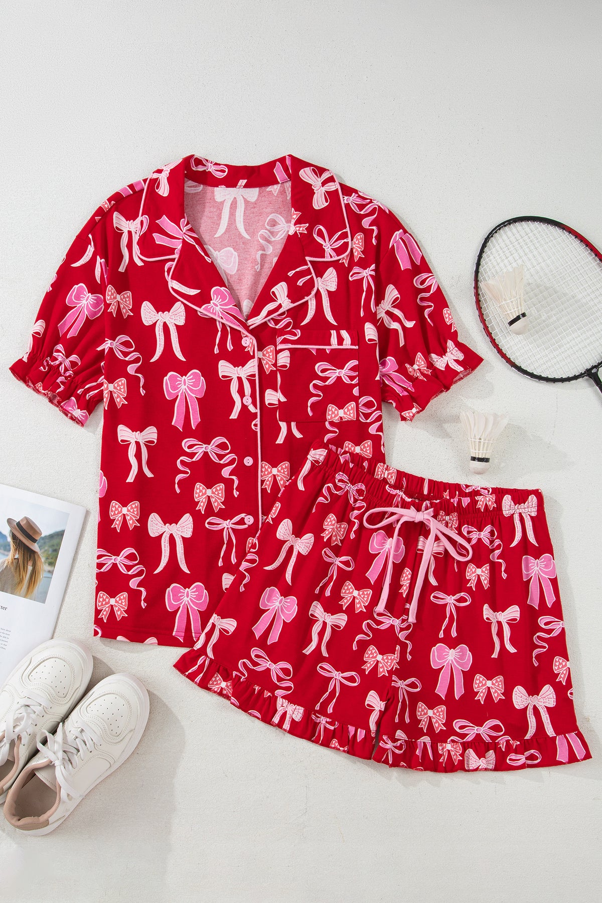 KaleaBoutique Stylish Sweet Bow Print Ruffled Short Sleeve Shirt Shorts 2pcs Pajama Set - KaleaBoutique.com