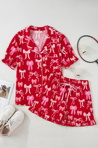 KaleaBoutique Stylish Sweet Bow Print Ruffled Short Sleeve Shirt Shorts 2pcs Pajama Set - KaleaBoutique.com