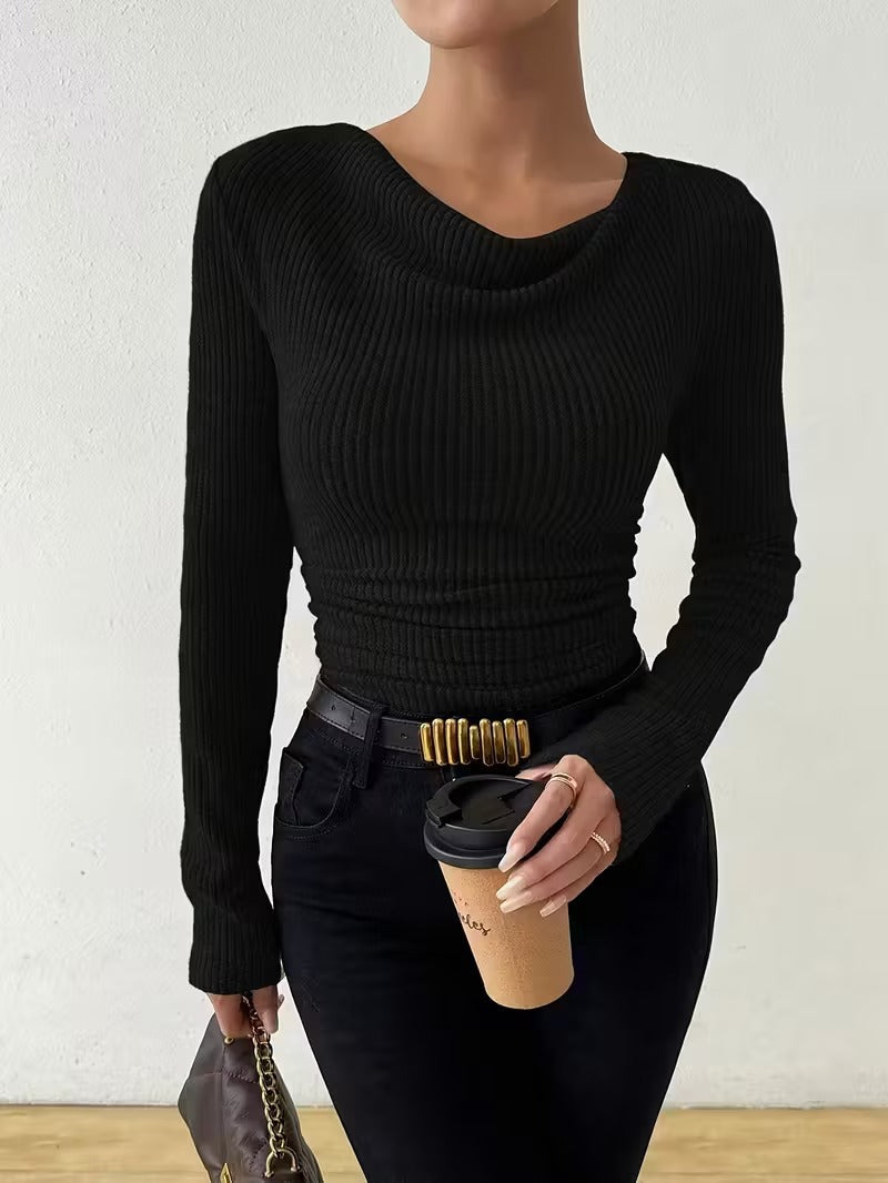 Women's Ribbed Cowl-Neck Long-Sleeve Pullover Sweater - KaleaBoutique.com