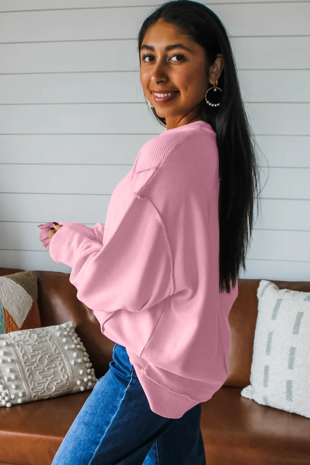 Horizontal Ribbed Exposed Seam Detail Drop Shoulder Baggy Pullover - KaleaBoutique.com