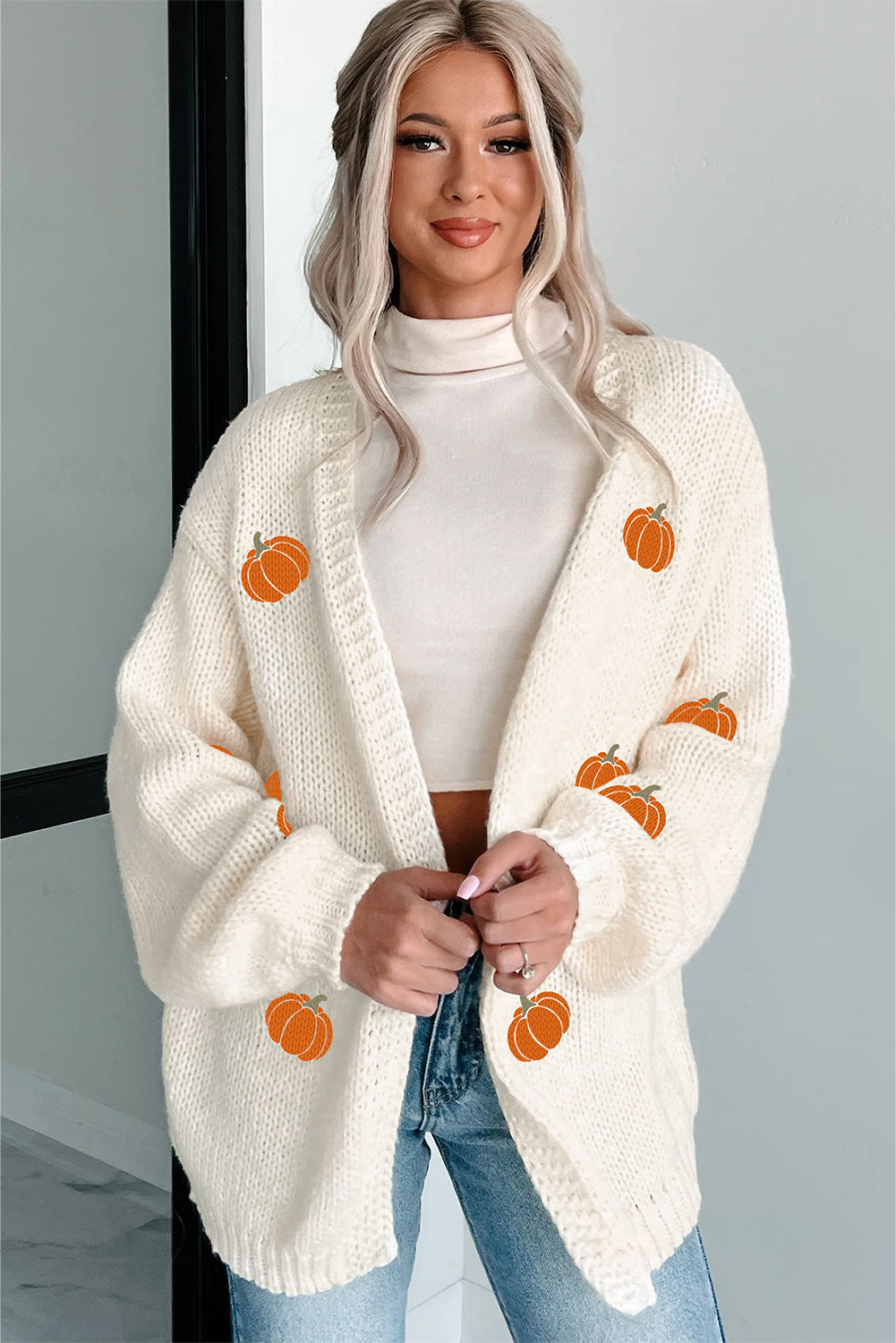 KaleaBoutique Comfortable Pumpkin Print Open Front Drop Shoulder Midi Cardigan - KaleaBoutique.com