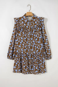 KaleaBoutique Comfortable Floral Print Ruffled Detail Shirt Collar Button Down Long Sleeve Dress - KaleaBoutique.com