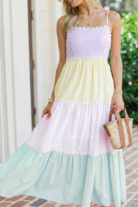 KaleaBoutique Stylish Striped Colorblock Adjustable Strap Scalloped Detail Long Dress - KaleaBoutique.com