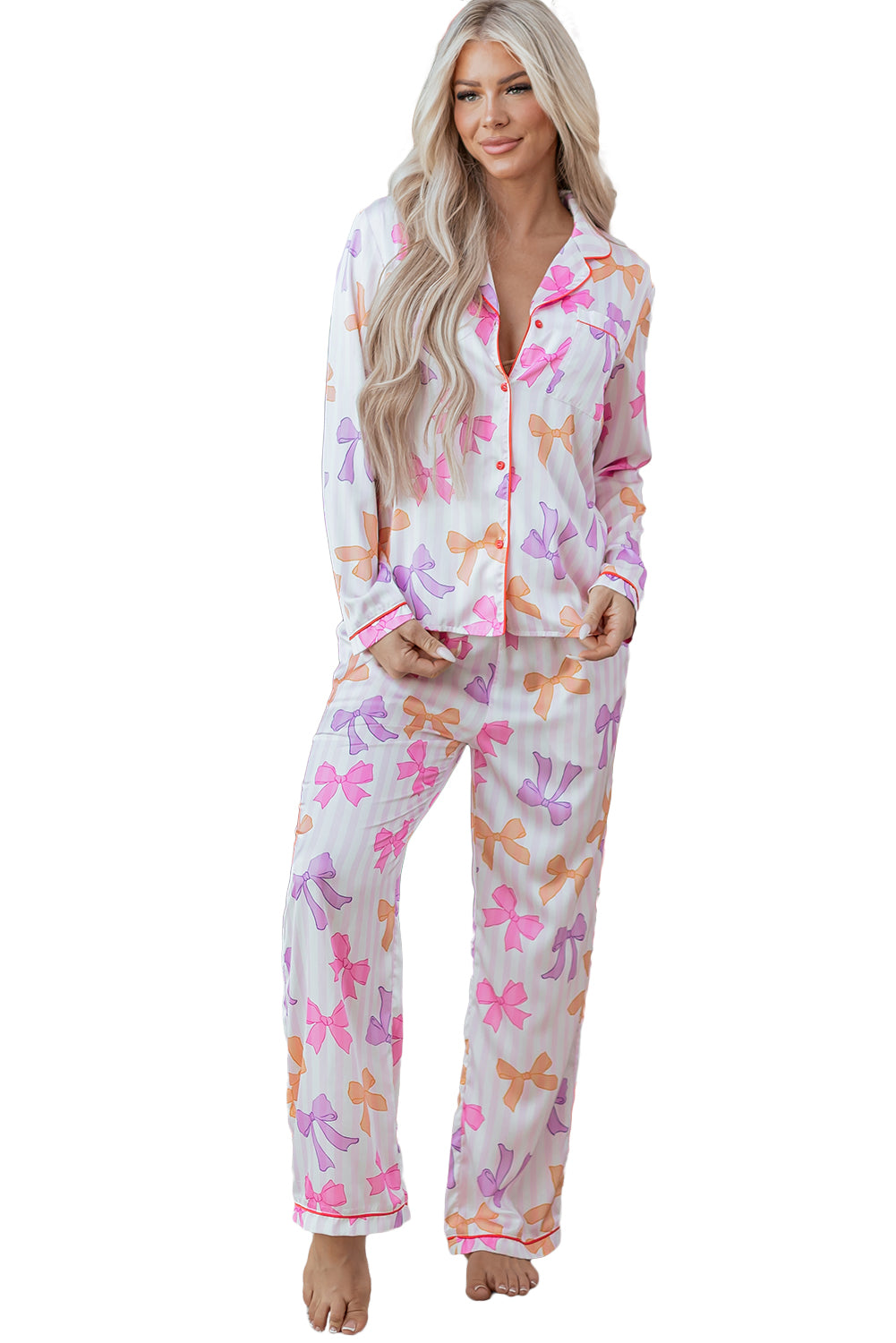 KaleaBoutique Stylish Striped Bow Print Contrast Piping Trim Shirt and Pants 2pcs Pajama Set - KaleaBoutique.com
