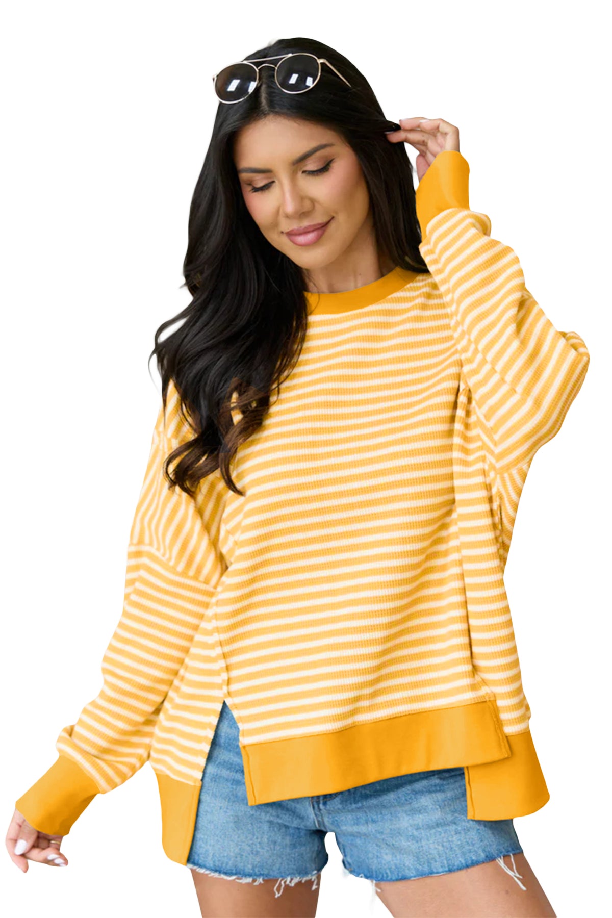 KaleaBoutique Stylish Textured Knit Color Block Trim Split Hem Long Sleeve Top - KaleaBoutique.com