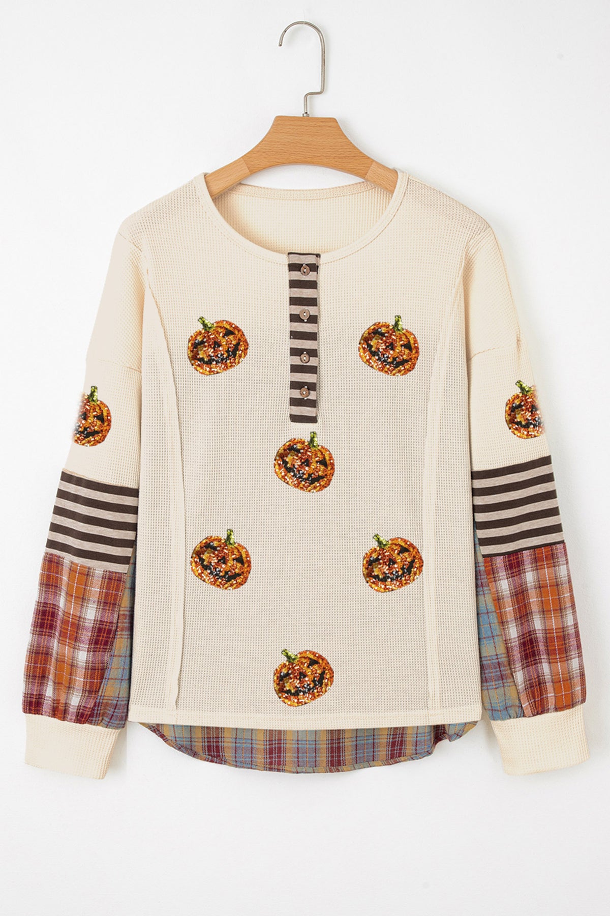 Beige Sequin Pumpkin Henley Waffle Top - KaleaBoutique.com