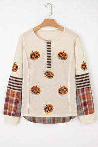 Beige Sequin Pumpkin Henley Waffle Top - KaleaBoutique.com