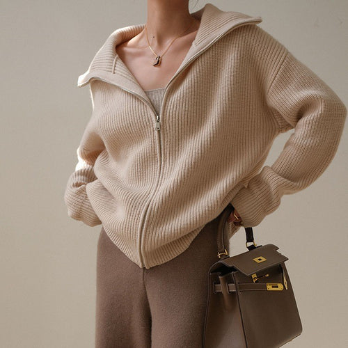 Women's Khaki Ribbed Zip-Front Collared Cardigan - KaleaBoutique.com