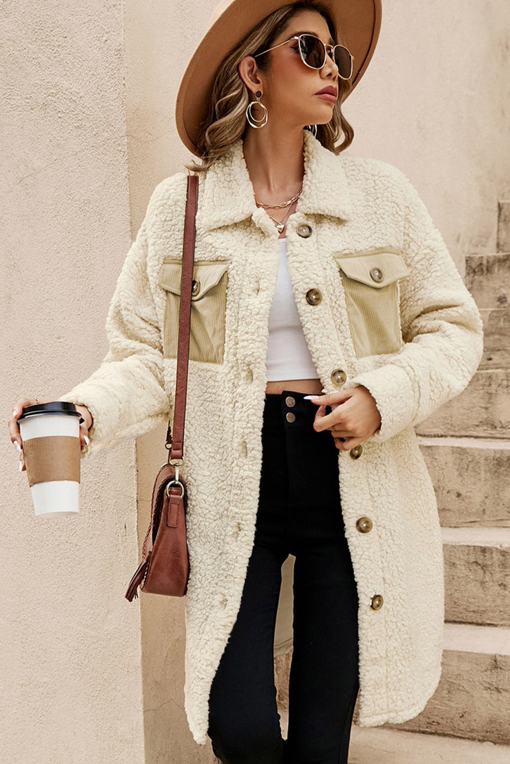 KaleaBoutique Stylish Contrast Flap Pocket Single Breasted Teddy Coat - KaleaBoutique.com