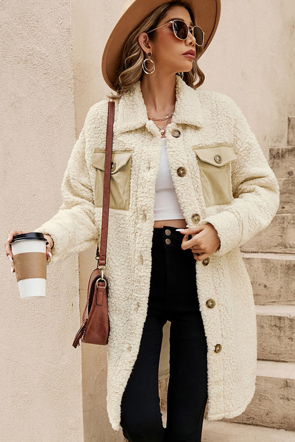 KaleaBoutique Stylish Contrast Flap Pocket Single Breasted Teddy Coat - KaleaBoutique.com