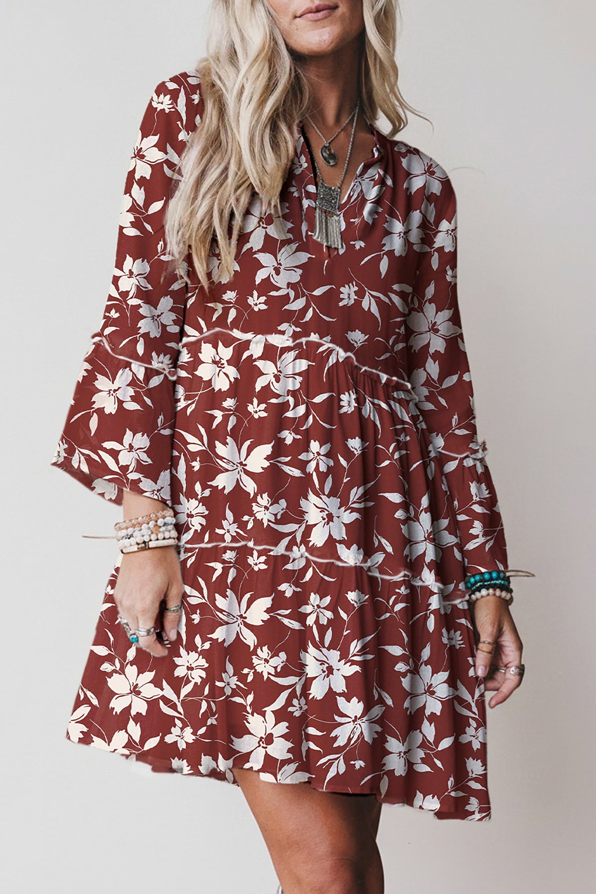 Boho Floral Print Lettuce Trim 3/4 Sleeve Mini Dress - KaleaBoutique.com