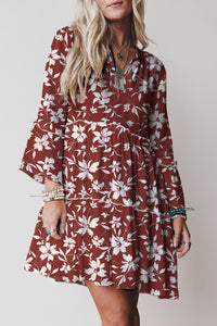 Boho Floral Print Lettuce Trim 3/4 Sleeve Mini Dress - KaleaBoutique.com