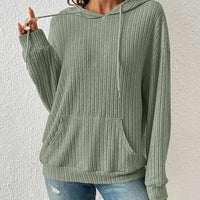 Women's Ribbed Drawstring Pullover Hoodie with Kangaroo Pocket - KaleaBoutique.com
