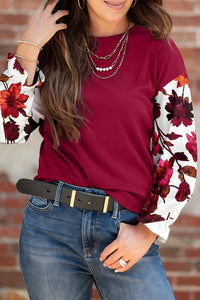 Contrast Floral Sleeve Solid Ribbed Body Patchwork Long Sleeve Top - KaleaBoutique.com