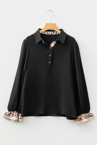 KaleaBoutique Stylish Contrast Leopard Print Patchwork Polo Collar Buttons Front Ruffled Long Sleeve Blouse - KaleaBoutique.com