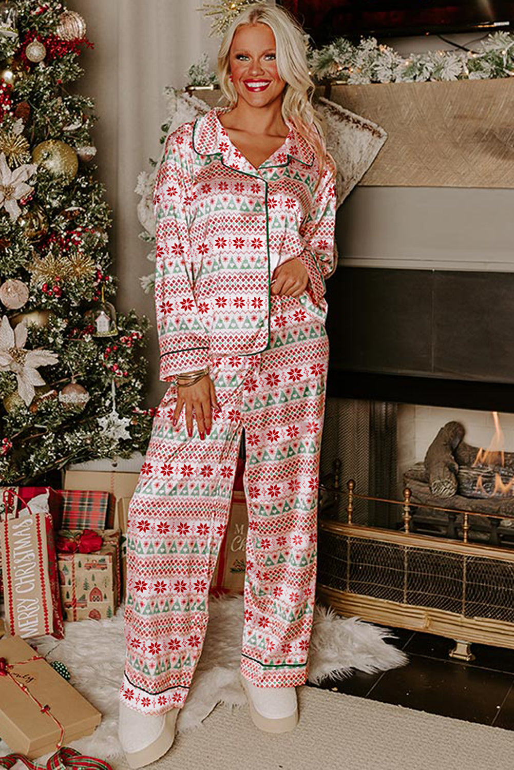 KaleaBoutique Comfortable Christmas Pattern Print Shirt Style Long 2pcs Pajama Set - KaleaBoutique.com