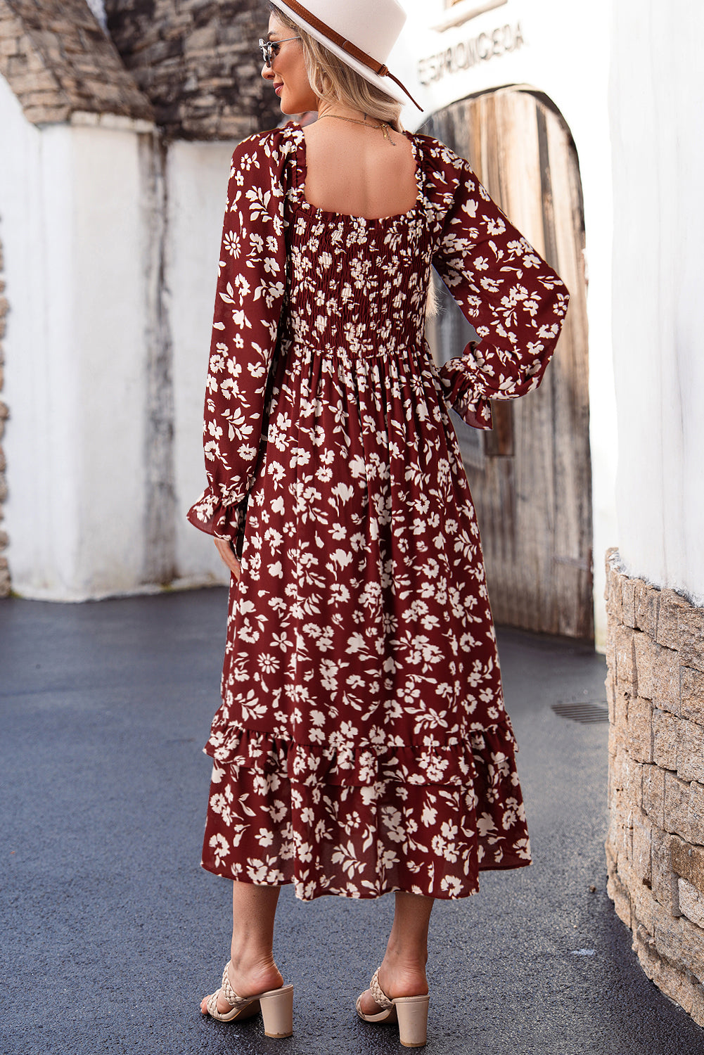KaleaBoutique Comfortable Floral Print Long Sleeve Square Neck Smocked Maxi Dress - KaleaBoutique.com