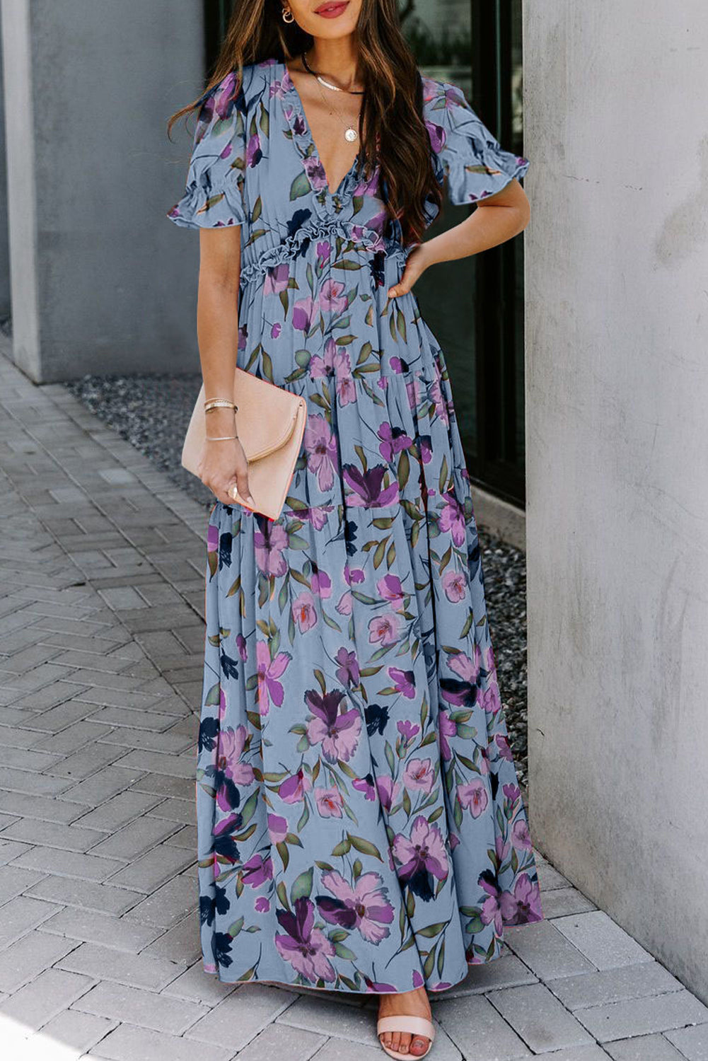 KaleaBoutique Stylish Fiery Floral Print Frilled V Neck Short Sleeve Maxi Dress - KaleaBoutique.com