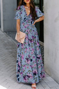 KaleaBoutique Stylish Fiery Floral Print Frilled V Neck Short Sleeve Maxi Dress - KaleaBoutique.com