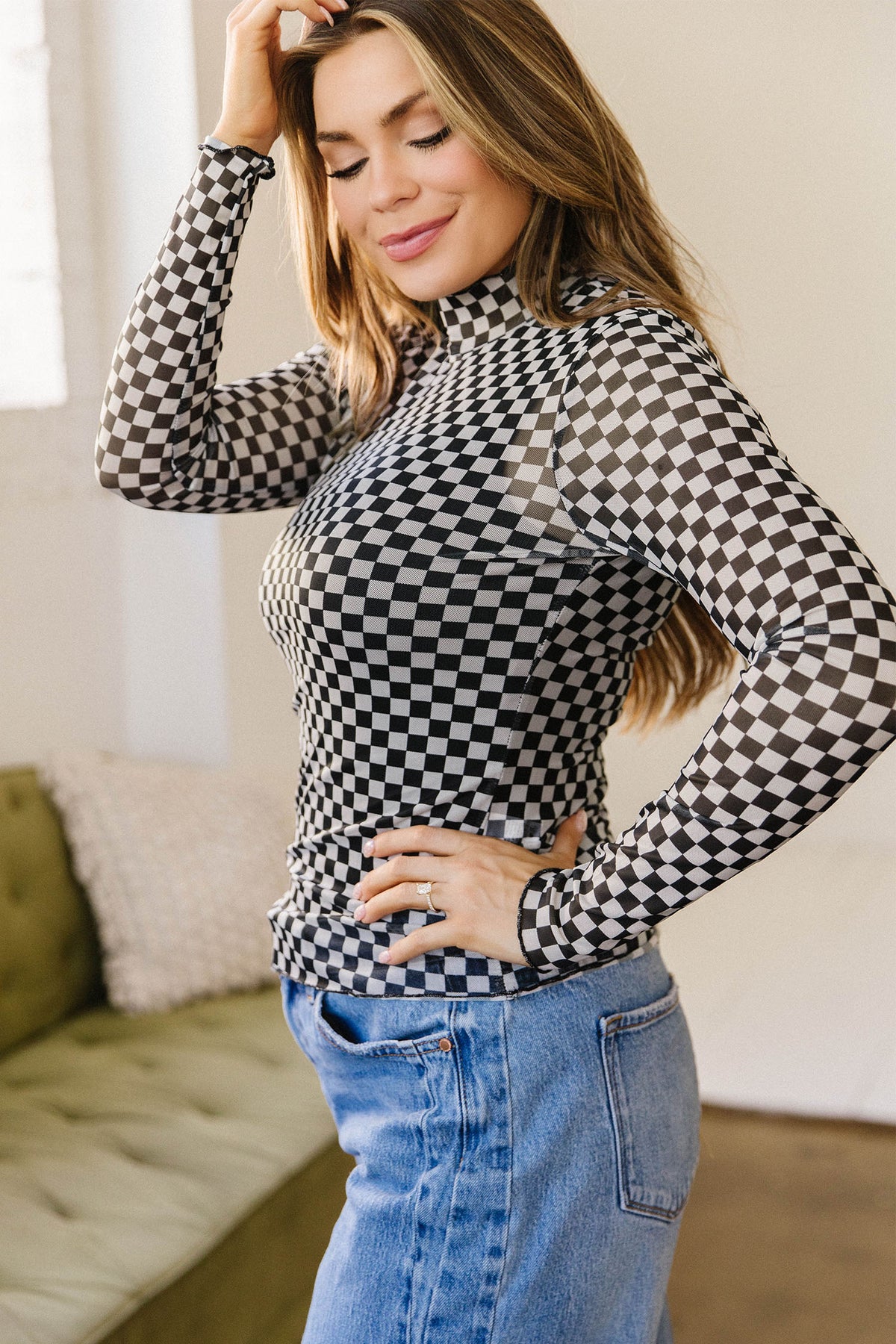 KaleaBoutique Stylish Plaid Stand Neck Long Sleeve Mesh Top - KaleaBoutique.com