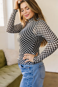 KaleaBoutique Stylish Plaid Stand Neck Long Sleeve Mesh Top - KaleaBoutique.com