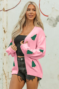 KaleaBoutique Comfortable Christmas Tree Print Open Front Drop Shoulder Midi Cardigan - KaleaBoutique.com