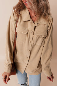 KaleaBoutique Solid Frilled Flap Pocket Button Up Corduroy Shacket - KaleaBoutique.com