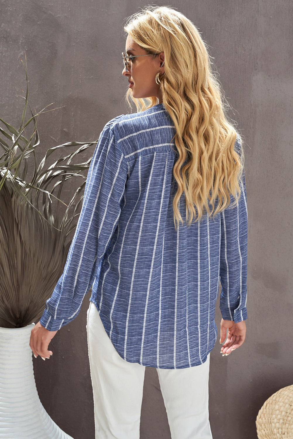 KaleaBoutique Stylish Striped Print V Neck Half Buttons Loose Blouse - KaleaBoutique.com