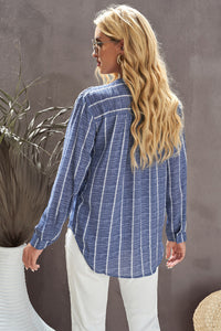 KaleaBoutique Stylish Striped Print V Neck Half Buttons Loose Blouse - KaleaBoutique.com
