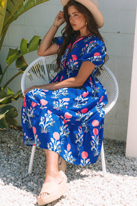 Floral Puff Short Sleeve V Neck High Waist Maxi Dress - KaleaBoutique.com
