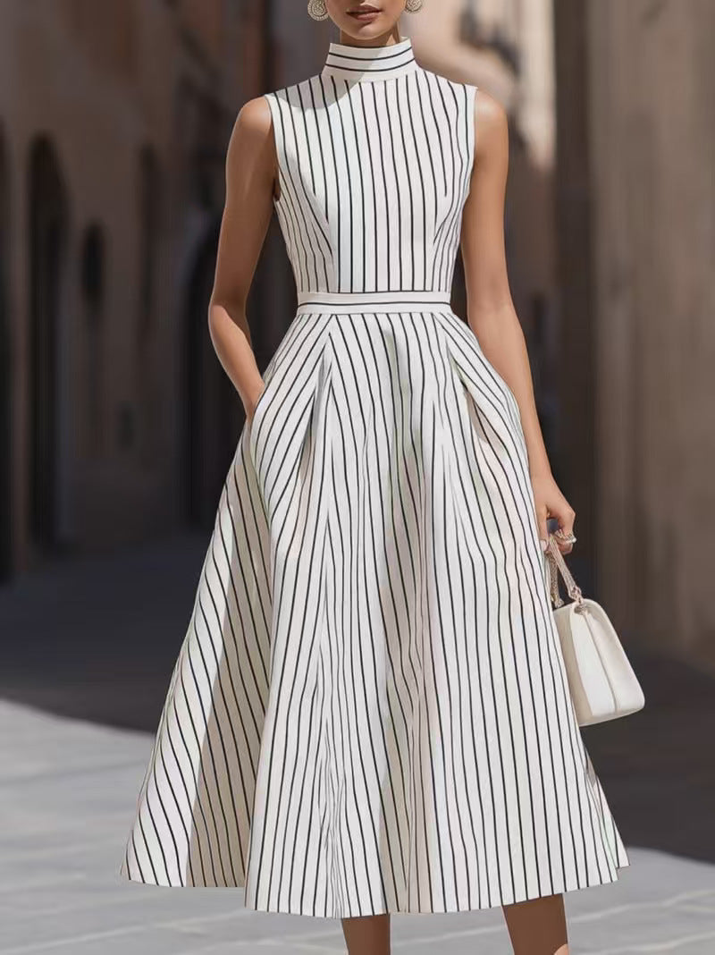 Women's Sleeveless High-Neck Striped Pleated Midi Dress with Pockets - KaleaBoutique.com