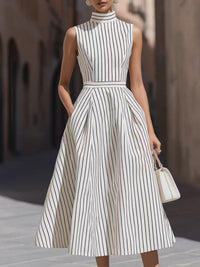 Women's Sleeveless High-Neck Striped Pleated Midi Dress with Pockets - KaleaBoutique.com